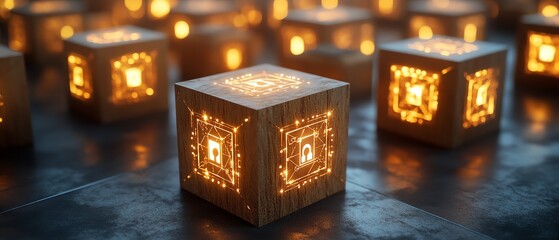 Obraz premium A top view of wooden cubes with people icons, representing online business collaboration and teamwork, with glowing digital connections
