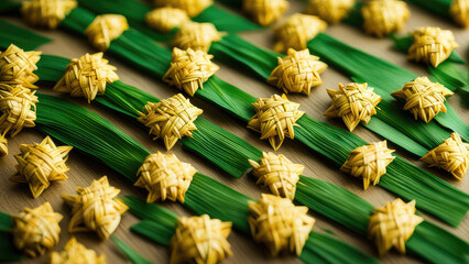 A close-up of beautifully woven ketupat, traditional Indonesian rice cakes wrapped in intricate palm leaves. The golden-yellow and green hues create a festive and cultural aesthetic.