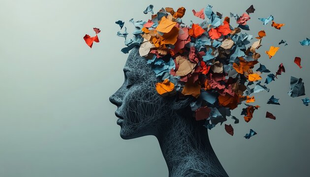 An abstract silhouette of a person s head with scattered, crumpled paper pieces, illustrating emotional distress, anxiety, and overwhelming negative emotions