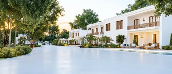 Obraz premium Luxury resort villas, sunset poolside view