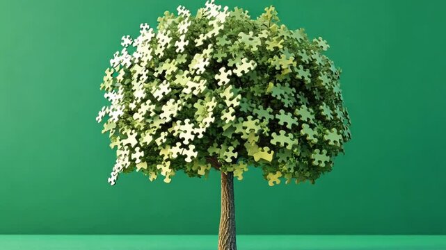 The Puzzle of Nature: A stylized tree, its leaves composed of jigsaw puzzle pieces, symbolizing the interconnectedness and complexity of the natural world, set against a vibrant green background. 