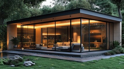 Fototapeta premium Modern Glass Enclosed Patio with Sleek Furniture and Morning Light