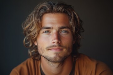 Obraz premium Portrait of a beautiful smiling young woman with wavy brunette hair in casual black t-shirt looking at the camera