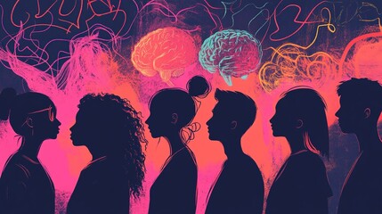 Silhouettes of diverse young people with brain icons and colorful abstract background.