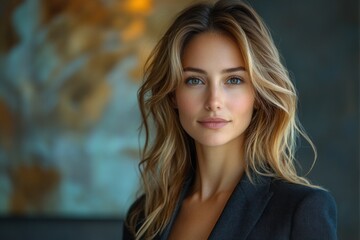 Obraz premium Portrait of a confident and professional businesswoman in a tailored suit smiling with happiness