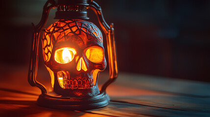 A glowing skull lantern as a centerpiece for halloween decorations. Ghostly Flickering Lanterns. Illustration