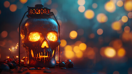 A glowing skull lantern as a centerpiece for halloween decorations. Ghostly Flickering Lanterns. Illustration