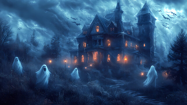 A haunted mansion with ghostly figures and flickering lanterns creates a chilling halloween scene. Ghostly Flickering Lanterns. Illustration