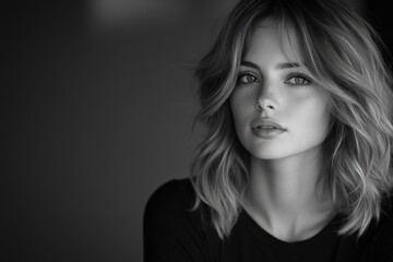 Fototapeta premium Black and white portrait of a woman with wavy hair and a mysterious smile in a minimalistic setting