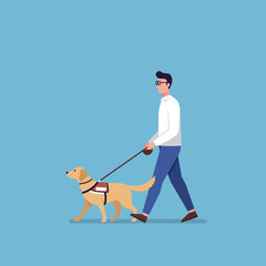Man Walking Guide Dog Illustration on Blue Background for Assistance Concept