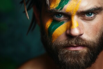 Man with a green and yellow face paint has a serious expression