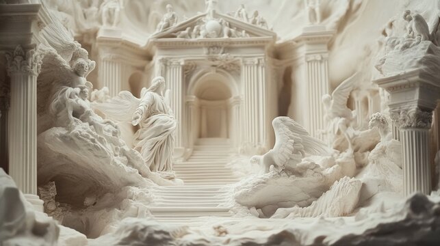 White marble sculpture depicting classical architecture, angels, and figures in a dramatic scene.