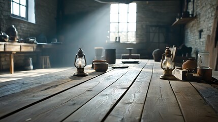 Antique whale oil lamps softly illuminating a rustic and industrial style dark room interior with wooden table beams and window  Moody dramatic lighting creates a cozy nostalgic atmosphere
