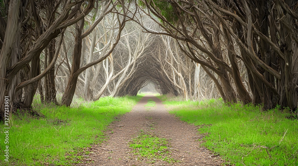 Aufkleber Enchanting forest pathway tunnel with a natural archway of intertwined tree branches overhead creating a serene and mystical landscape for and adventure