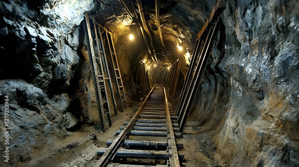 Aufkleber Illuminated underground mining tunnel with reinforced metal support beams showcasing the infrastructure and technology required for resource extraction and industrial in a subterranean environment