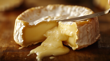 熟成したカマンベールチーズをナイフでカット、とろける発酵の極みを表現