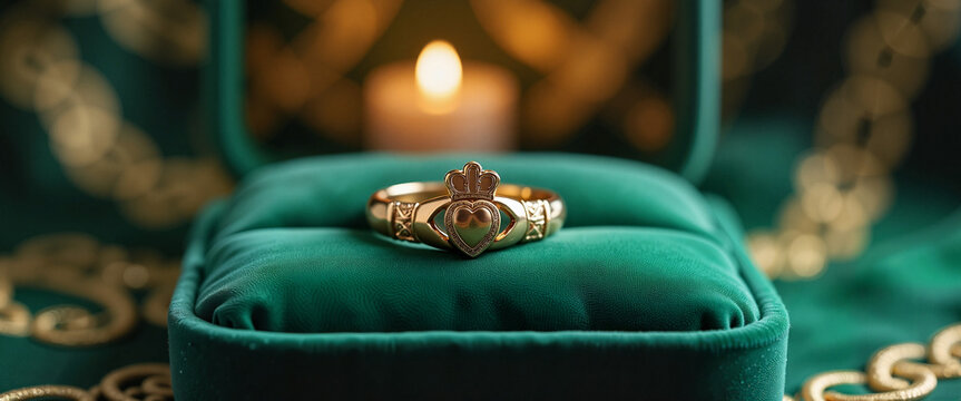 Claddagh ring on green velvet box with candle background