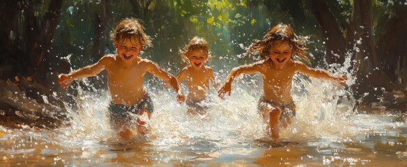Children Playing in Water on a Joyful Summer Day in Backyard