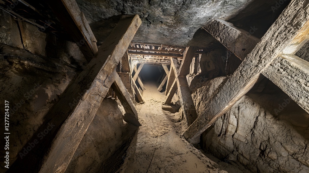 Poster reinforced underground mining tunnel with metal support beams in a gritty moody industrial environme