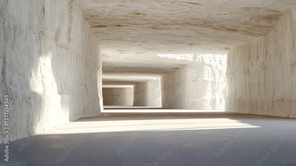 Poster serene and ethereal limestone tunnel carved by natural erosion with soft sunlight filtering through 