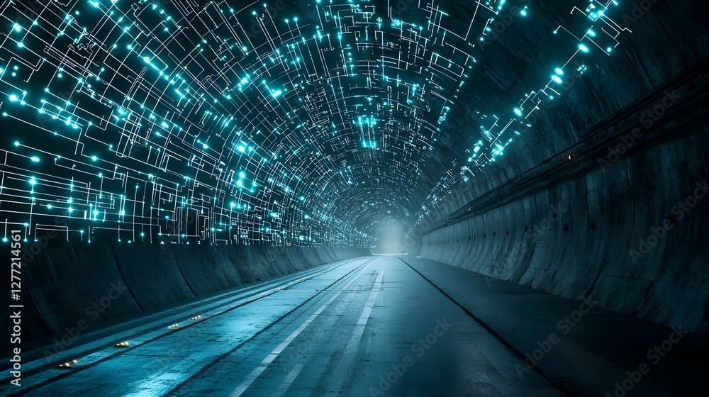 Fototapete Visually stunning futuristic tunnel with glowing geometric patterns and lighting effects creating a captivating sci fi inspired deep space scene