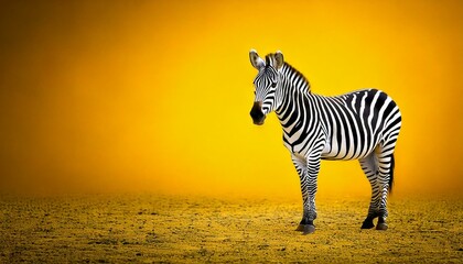 zebra standing on the ground. isolated yellow background. copy space