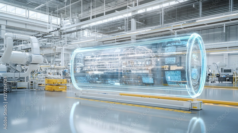Poster 3D render of a futuristic transparent display being tested and showcased in a high tech industrial workshop or factory setting