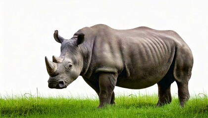 Obraz premium the rhino is standing on the grass. isolated white background. copy space