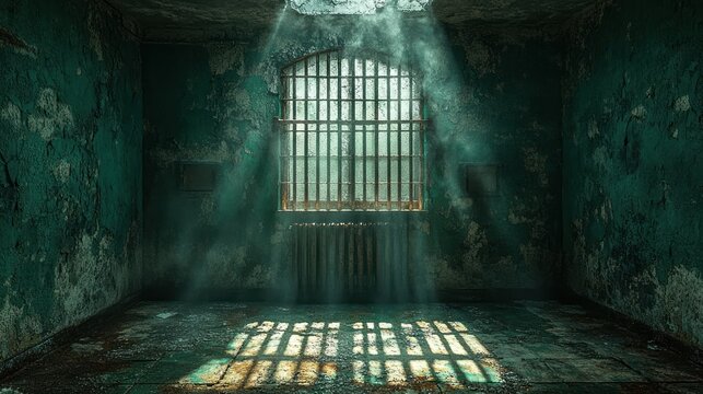 Hyper-realistic 3D rendering of an abandoned prison cell with shadows and highlights on rusty bars at night