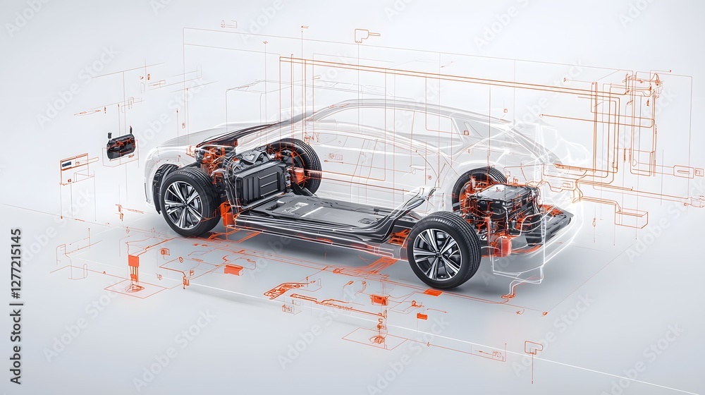 Poster 3D rendering of the intricate inner workings and components of a cutting edge regenerative braking system designed for an advanced electric vehicle