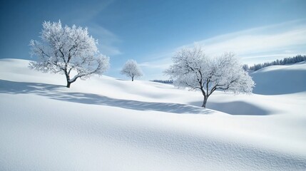 Fototapeta premium Frosty trees on snowy hills, clear sky; winter landscape, postcard
