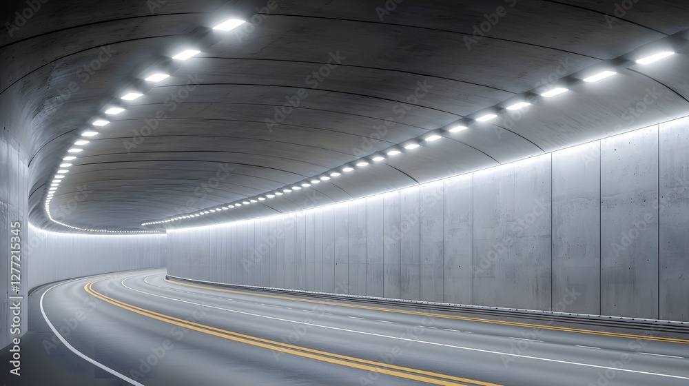 Poster a and modern photo of a long curved highway tunnel illuminated by bright led lights featuring a smoo