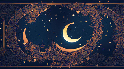 A golden crescent moon and star with intricate Islamic patterns on a deep blue background, symbolizing faith, spirituality, and Islamic culture, often associated with Ramadan and Eid celebrations.