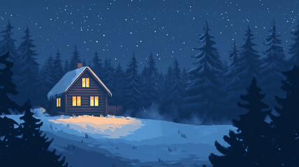 Fototapeta premium 雪に包まれた山小屋と星空の夜