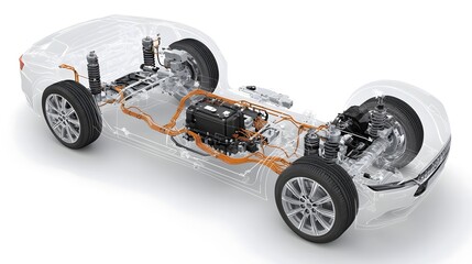 A detailed transparent overlay showcasing the complete propulsion system of a hybrid vehicle including the engine electric motor and drivetrain components