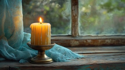 Brass Candle Holder with Burning Wax Candle on Rustic Wooden Table Dramatic Chiaroscuro Lighting