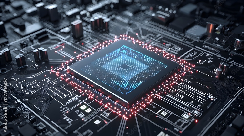 Poster A highly detailed and vibrant close up view of an advanced AI powered inspection system ensuring perfect pixel alignment on a futuristic glowing electronic circuit board