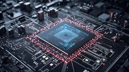 Fototapeta premium A highly detailed and vibrant close up view of an advanced AI powered inspection system ensuring perfect pixel alignment on a futuristic glowing electronic circuit board