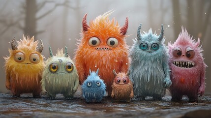 Colorful creatures gathering enchanted forest digital art fantasy close-up whimsical monsters