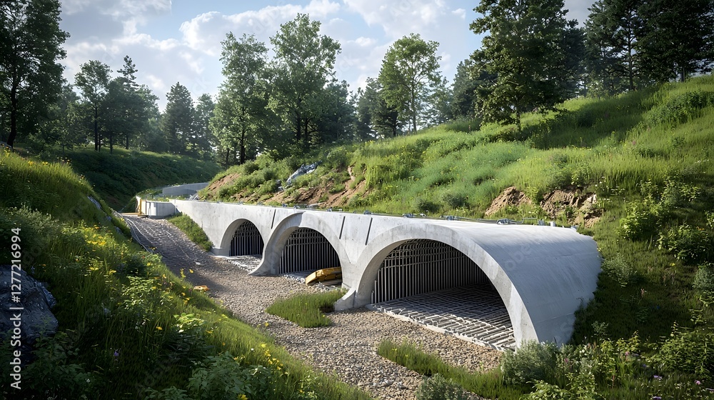 Poster a photo of a stormwater management tunnel system with reinforced concrete arched bridges and culvert