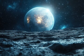 Surreal View of Earth from Moon Surface with Vibrant Colors Ethereal Lighting and Dreamlike Atmosphere