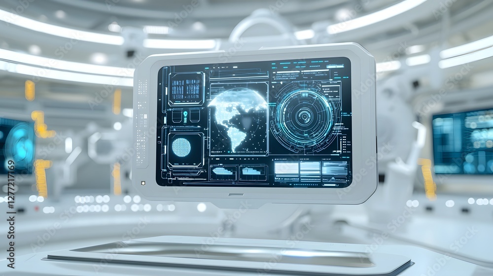 Aufkleber A photo showcasing a semi transparent display seamlessly integrated into a futuristic device designed for advanced data visualization digital analytics and interactive user experiences