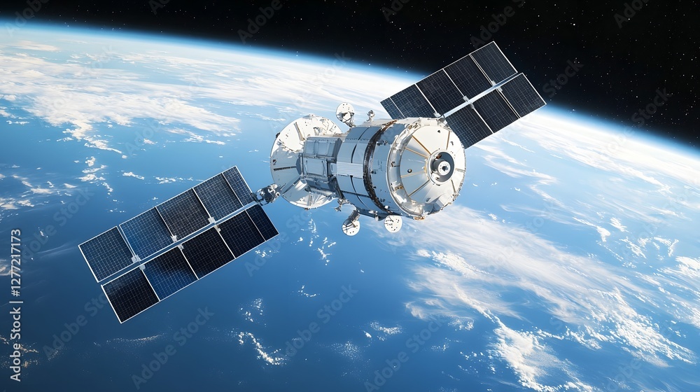 Aufkleber A photo showcasing a satellite with foldable solar panels expanding and unfurling in the vastness of outer space  This advanced spacecraft is designed for efficient energy beyond Earth s atmosphere