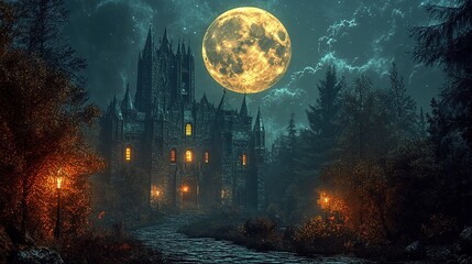 Fototapeta premium Mysterious gothic castle under full moonlight enchanted forest digital art fantasy atmosphere nighttime view