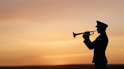 Military bugler silhouetted during golden sunset, performing haunting trumpet melody, symbolizing patriotic remembrance and military valor