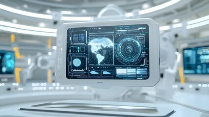 Fototapeta premium A photo showcasing a semi transparent display seamlessly integrated into a futuristic device designed for advanced data visualization digital analytics and interactive user experiences