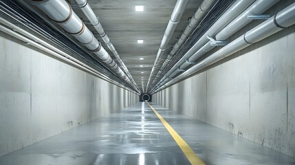 A photograph showcasing the interior of a wastewater treatment tunnel with a network of industrial pipes running along the concrete walls  The tunnel has a clean