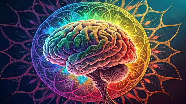 idea and creativity concept, Colorful brain illustration with abstract patterns.