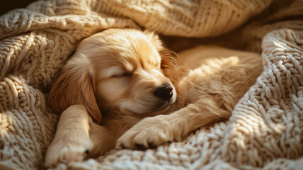 温かな光の中で眠るゴールデンレトリバーの子犬