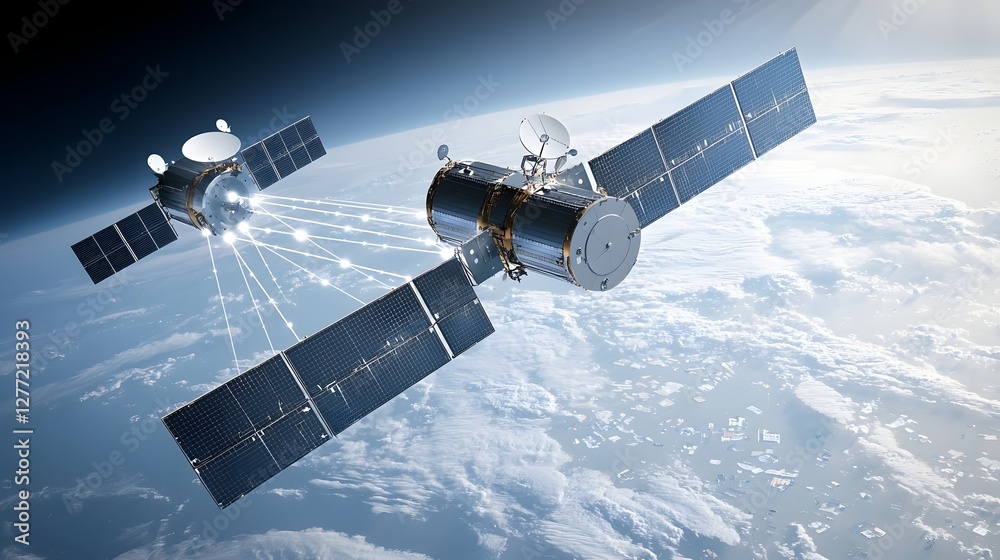 Poster advanced satellite technology beaming high speed digital connections across a network of futuristic 